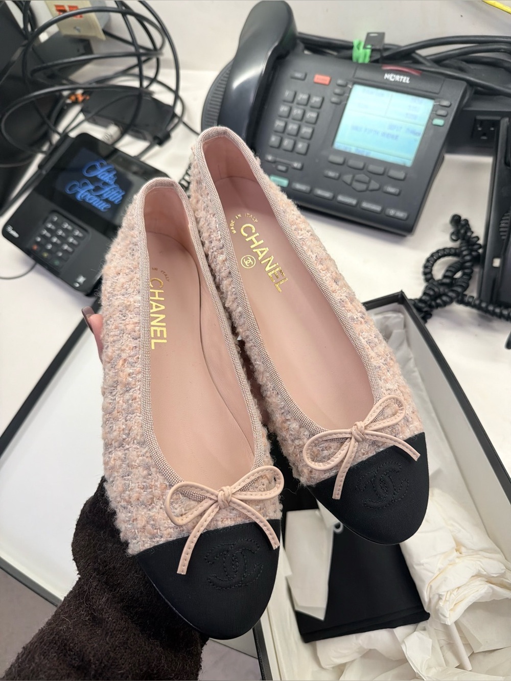 CHANEL Pink Tweed Ballet Flats with Black Cap Toe
